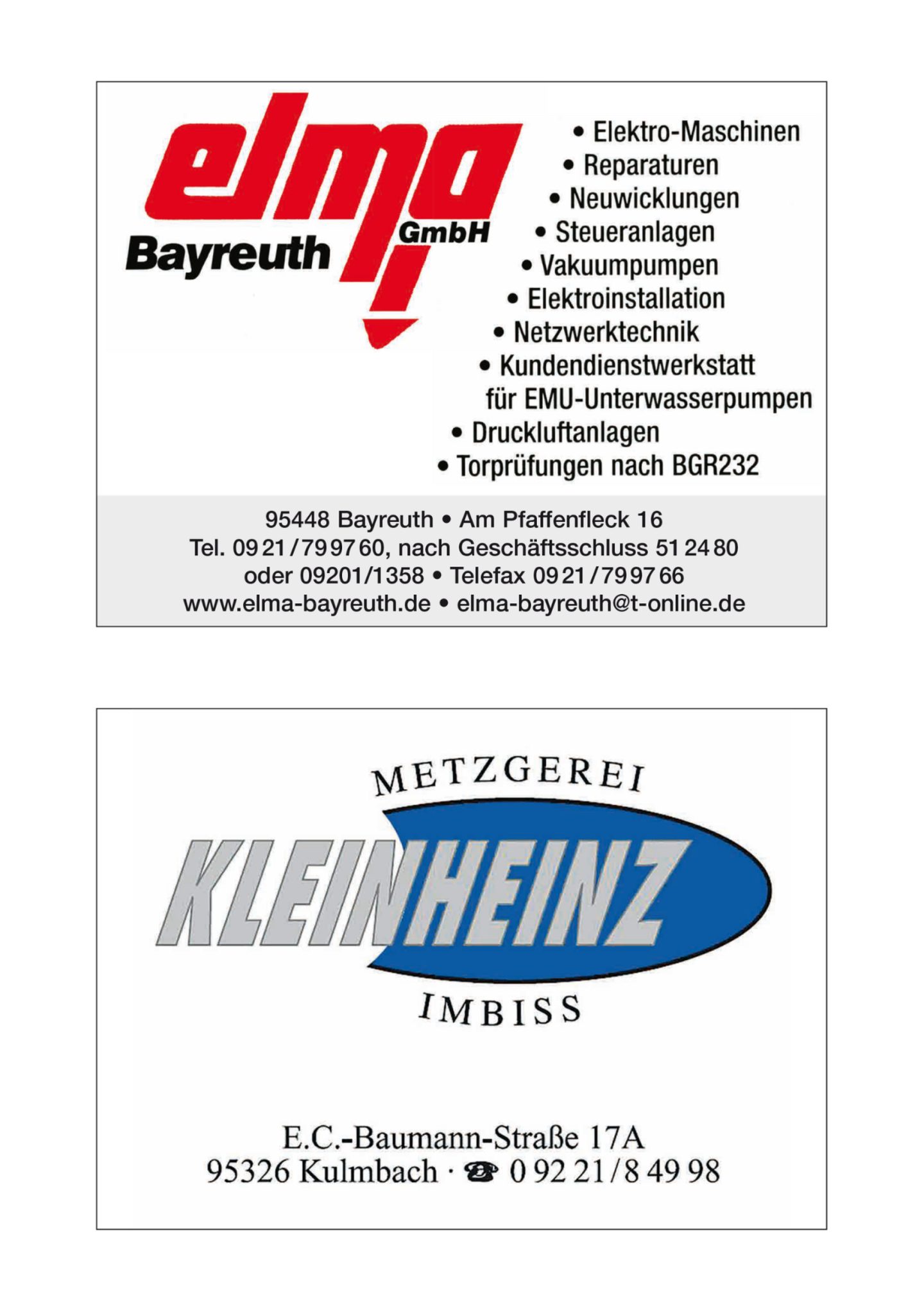 Anzeige: elma GmbH Bayreuth und Metzgerei Kleinheinz, Kulmbach