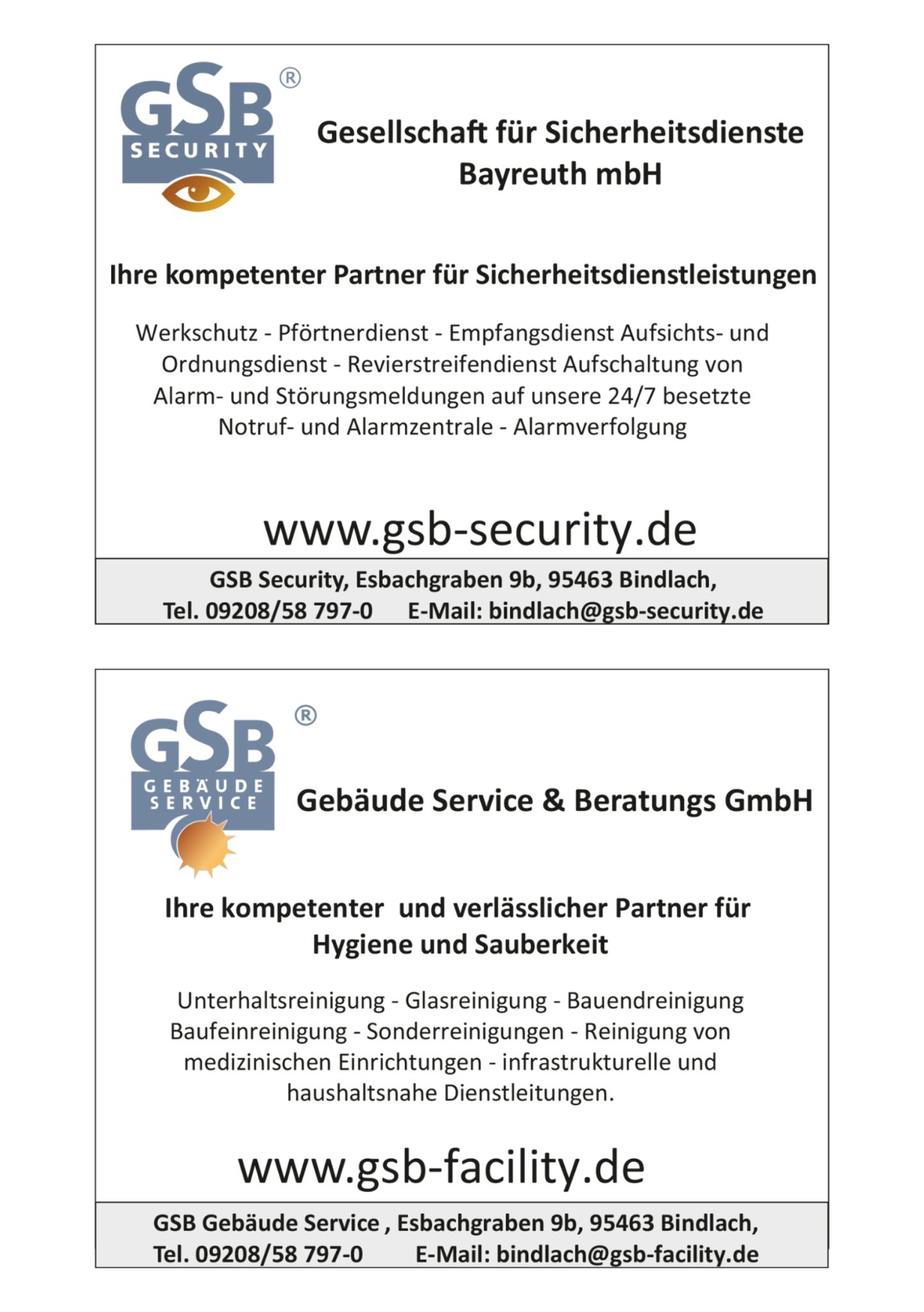 Anzeige: GSB Security und GSB Gebäude Service, Bindlach