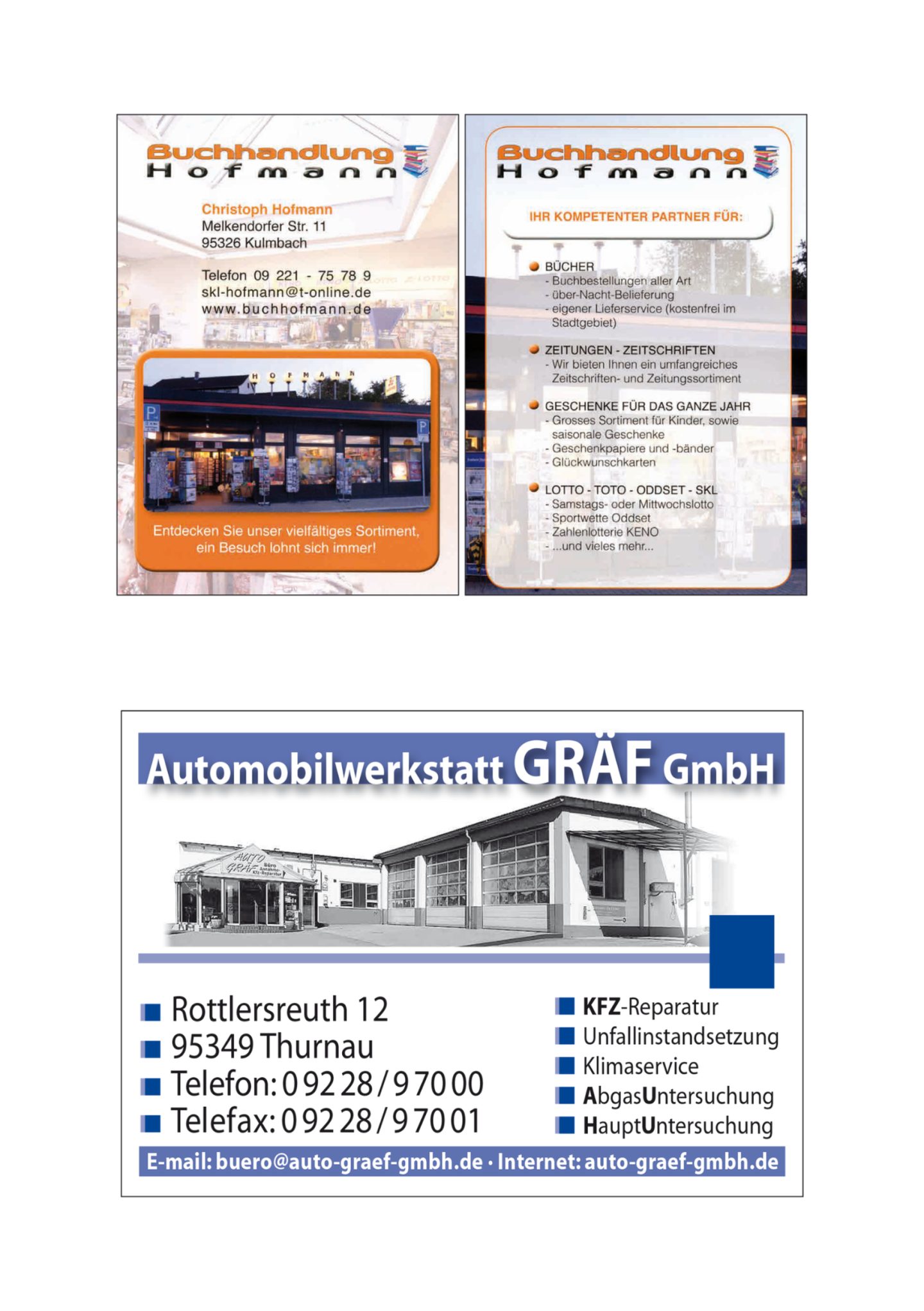 Anzeige: Buchhandlung Hofmann, Kulmbach, und Automobilwerkstatt Gräf, Thurnau