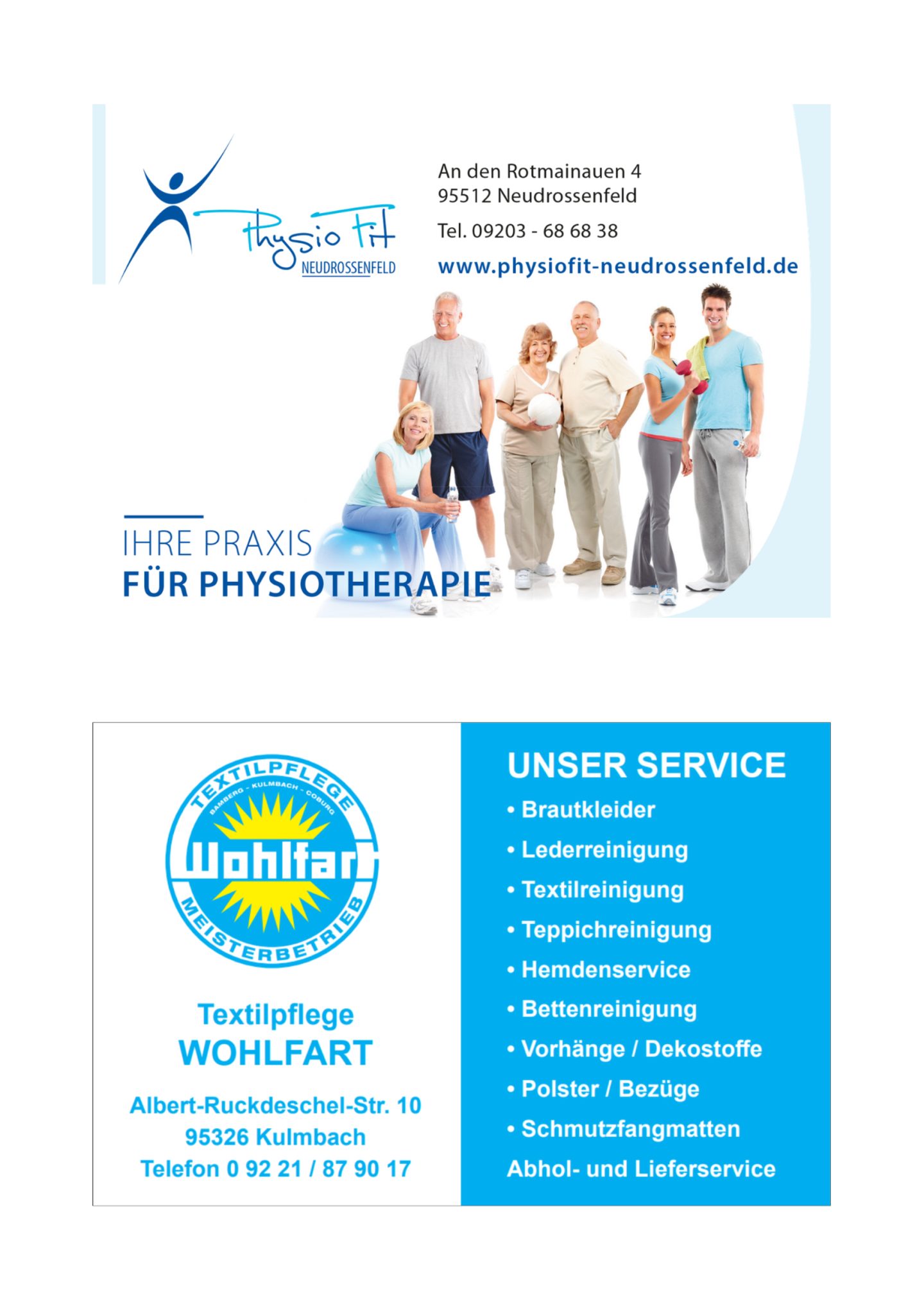 Anzeige: Physio Fit Neudrossenfeld und Textilpflege Wohlfart, Kulmbach
