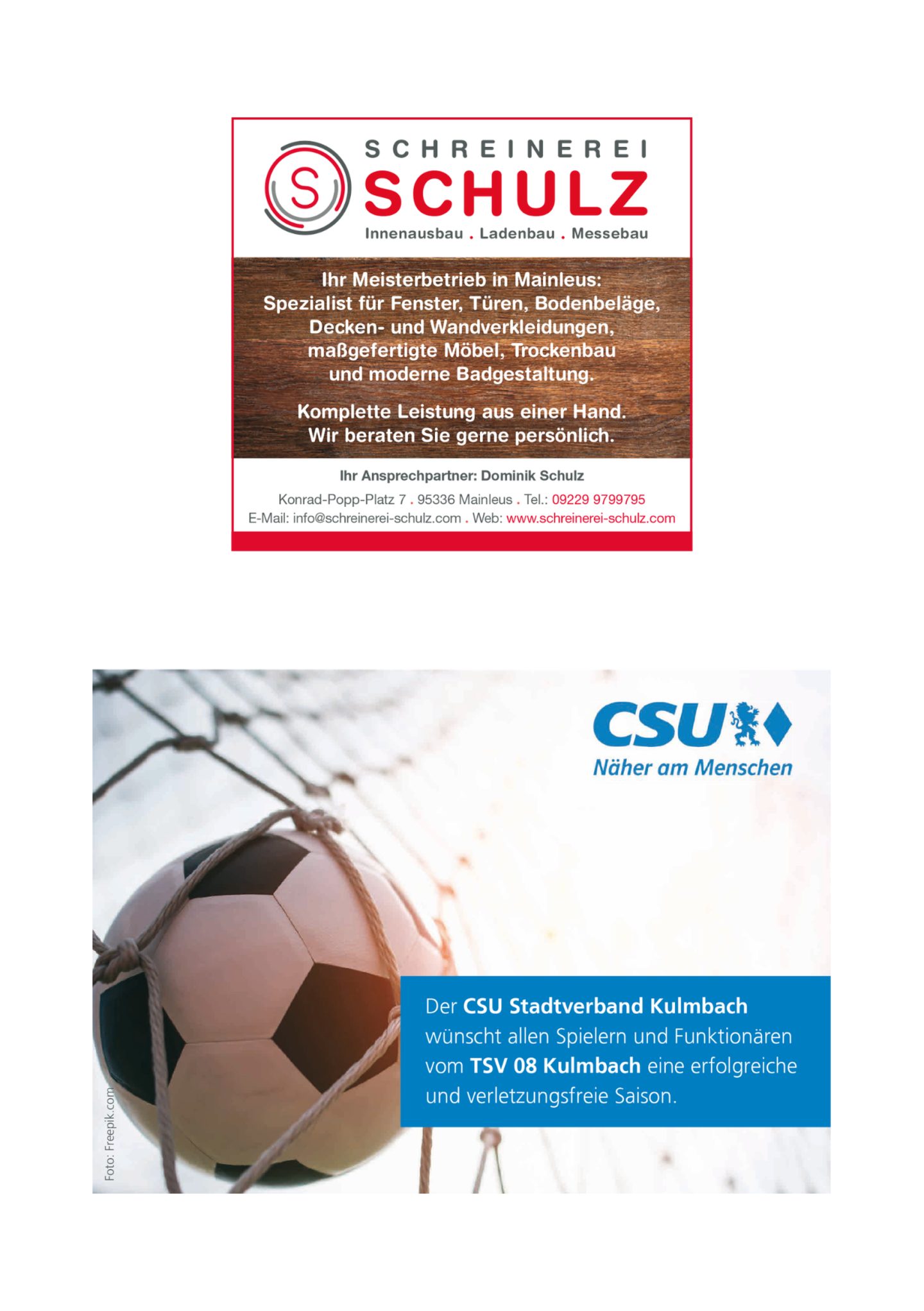 Anzeige: Schreinerei Schulz, Mainleus, und CSU Stadtverband Kulmbach