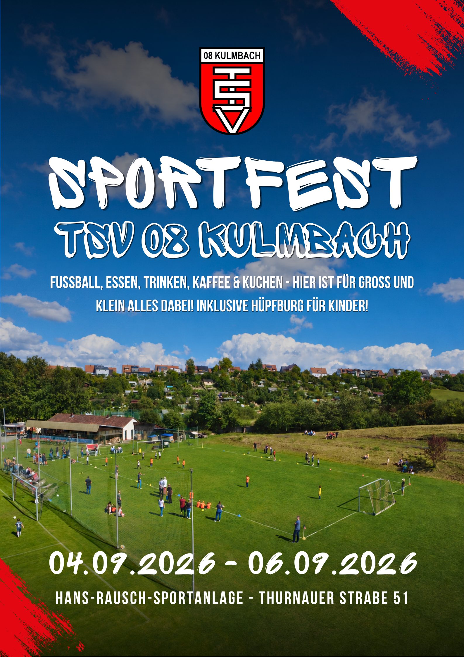Plakat zum Sportfest 2026 mit Luftbild unserer Sportanlage und den Terminen vom 4. bis 6. September